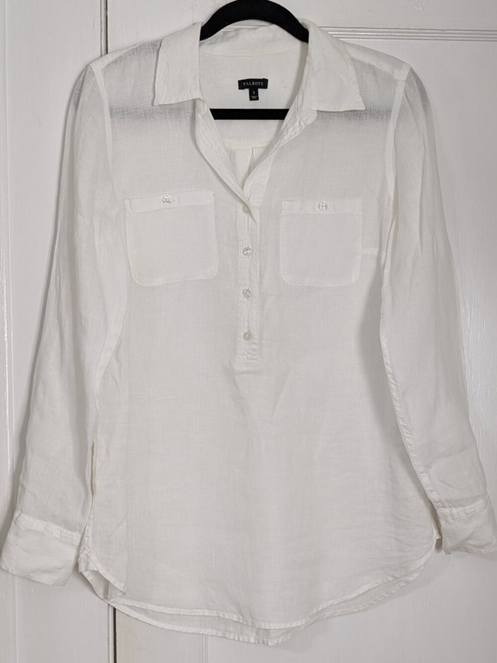 Talbots Women's Small White Button Up Long Sleeve Top 100% Linen Shirt Coastal